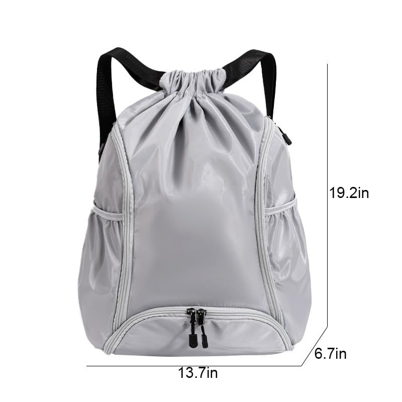 Sports Drawstring Backpack, Waterproof Swim Gym Bag for Women&Men, String Basketball Pack with Shoes Compartment, Grey - color: Grey