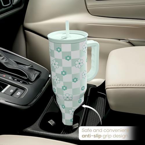 SANDJEST 40oz Daisy Flower Tumbler with Handle and Straw - Insulated Stainless Steel Coffee Travel Mug for Women Girls, Floral Gift Idea for Birthday Christmas - color: Checker Daisy