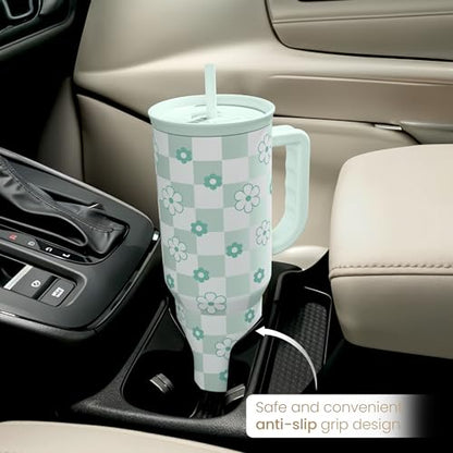 SANDJEST 40oz Daisy Flower Tumbler with Handle and Straw - Insulated Stainless Steel Coffee Travel Mug for Women Girls, Floral Gift Idea for Birthday Christmas - color: Checker Daisy
