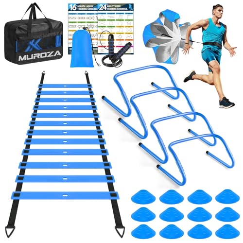 Agility Ladder & Soccer Goal Training Set, 20ft Speed Ladder with Cones, Hurdles, Jump Rope & Parachute, Plus 2 Pack Pop Up Kids Soccer Goals with Ball & Cones for Backyard Sports Practice