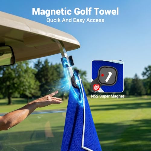4-in-1 Magnetic Golf Towel with Brush & Cleaning Pocket -Premium Construction Golf Towel- Super Strong Golf Club Cleaner- Microfiber Waffle Design-15.7" X 23.6" Golf Accessories and Gifts for Men - color: Blue