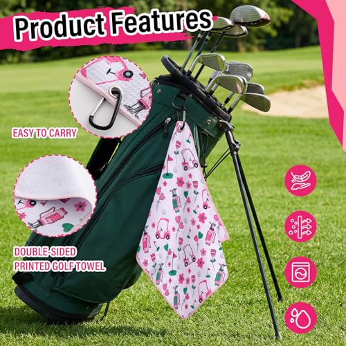 Liliful Woman Golf Accessories Kit Include 19.69 x 15.75 Inches Microfiber Waffle Golf Towel and Club Groove Cleaner Brush for Woman Gifts - color: Mainly Pink and Green