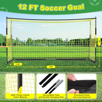 Soccer Goal, 12×6 ft /16×7 ft Portable Soccer Goals Net for Backyard, Quick Setup Training Equipment with 1 Carry Bag, 4 Ground Nails, 12 Training Cones - color: 12×6FT Black Yellow