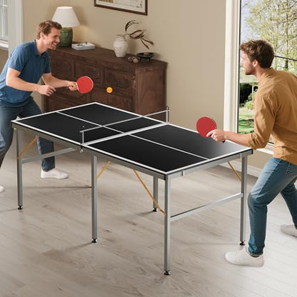6x3FT Collapsible Table Tennis Table Set – Portable Indoor/Outdoor Ping Pong Table with Net, 2 Paddles & 3 Balls, Mid-Size for Adults & Teens