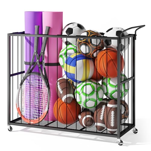 Homsorout Ball Storage Bin Rolling Sports Ball Cart, Metal Garage Organizer Sport Rack, Ball Basket Storage, Ball Cage for Garage or Gym, Indoor & Outdoor Sports Equipment Organizer