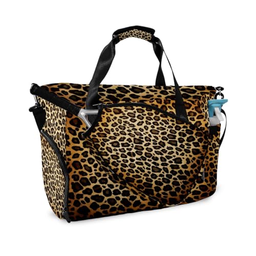 Brown Leopard Print Sports Duffle Bag - Large Gym Bag with Ventilated Shoe Compartment & Front Racket Sleeve, Waterproof Lightweight for Women Men Tennis Pickleball Travel - color: Brown Leopard Print