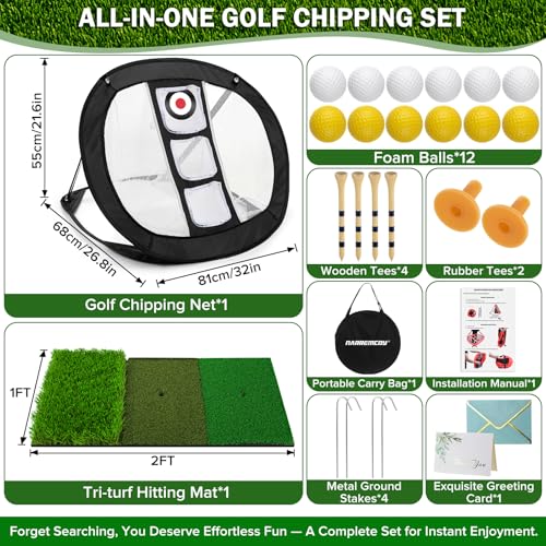 Golf Chipping Net with Tri-Turf Hitting Mat Set - Foldable Practice Target, 12 Foam Balls & 6 Tees in Carry Bag - Indoor Outdoor Backyard Golf Precision Training Gift & Aid for Beginners