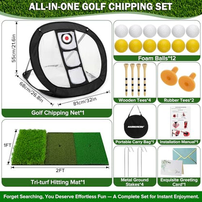 Golf Chipping Net with Tri-Turf Hitting Mat Set - Foldable Practice Target, 12 Foam Balls & 6 Tees in Carry Bag - Indoor Outdoor Backyard Golf Precision Training Gift & Aid for Beginners