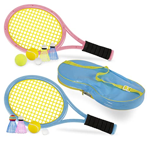 Kids Tennis Rackets with Carrying Bag,Soft Training Balls and Badminton Birdies,12 in 1 Tennis Racquets Gift Set for Children Outdoor Indoor Sports
