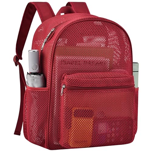 Oraben Heavy Duty Mesh Backpack with Rain Cover – Ventilated Swim & Gym Bag with 15.6” Laptop Sleeve, Large See Through Beach/School Backpack (Rose Red) - color: Rose Red