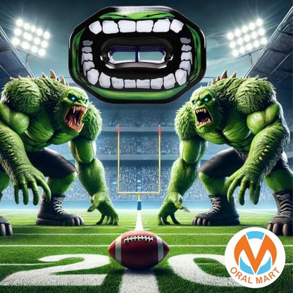 Oral Mart Flag Football Mouth Guard with 3D LipFit Design for Kids - Youth Football Mouthguard (No Boil) Cool Instant Fit Lip Guard Mouthpiece for Braces (Detachable Helmet Strap Included) - color: Green Monster