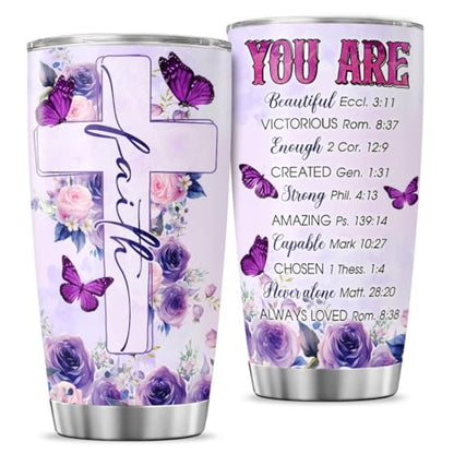 Christian Gifts for Women of Faith, Purple Butterfly Floral Cross Design 20oz Stainless Steel Insulated Tumbler, Religious Inspirational Bible Verse Travel Cup for Mom, Sister, Friend - color: Faith and Bible Verse