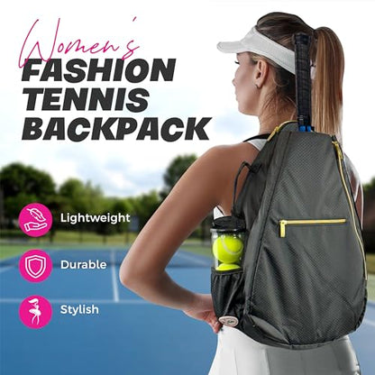 Womens Tennis Backpack - Taboo Fashions Ladies Tennis Bag Holds Two Racquets, Padded Straps and Side Carry Handle - color: Black, Gold