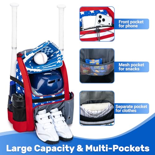 KAVIGOR Youth Baseball Bag, Softball Bag for Girls & Boys, Kids Tball Backpack with Shoes Compartment - color: Red White & Blue