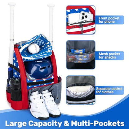 KAVIGOR Youth Baseball Bag, Softball Bag for Girls & Boys, Kids Tball Backpack with Shoes Compartment - color: Red White & Blue