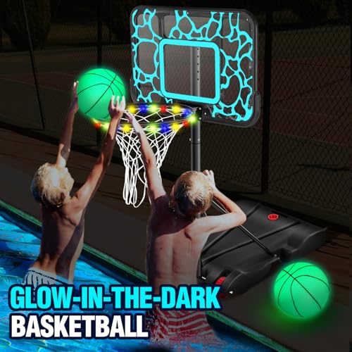 Pool Basketball Hoop 7-Height Adjustable Swimming Pool Basketball - Water Basketball Goals System with PC Shatterproof Backboard & 2 Balls, Outdoor Pool Accessories, Portable Basketball Hoop with LED