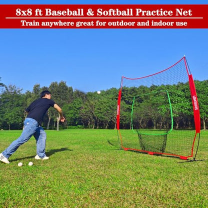 7x7ft/8x8ft Baseball Softball Net with Steel Frame for Batting, Hitting, Pitching, Portable Baseball Batting Net with Carry Bag, Great for All Levels - size: 8FT Red