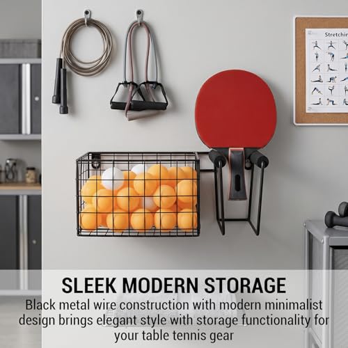 MyGift 12 Inch Wide Table Tennis Equipment Organizer Rack, Wall Mounted Metal Paddle Holder with Ping Pong Ball Storage 5 x 5 Inch Size Basket