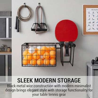 MyGift 12 Inch Wide Table Tennis Equipment Organizer Rack, Wall Mounted Metal Paddle Holder with Ping Pong Ball Storage 5 x 5 Inch Size Basket