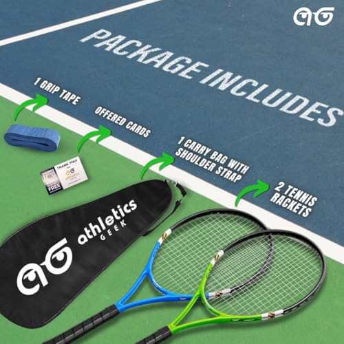 2 Player Lightweight Tennis Racket Training Set - 27-inch Adult Recreational Rackets for Men, Women, and Youth - Two-Color Variety Pack with Enhanced Grip Tape and Carry Bag for Easy Transport