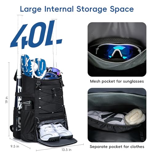 KAVIGOR Baseball Bag for Youth and Adult, Softball Backpack 40L Large Capacity, Bat Backpack with Shoes Compartment and Hidden Helmet Holder