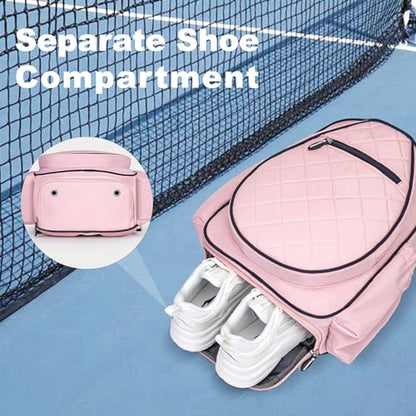 KAVIGOR Pickleball Bag, Quilted Pickleball Backpack with Shoe Compartment & Waterproof Pocket, Pickle Ball Paddle Bag Fits 2 to 4 Paddles for Women and Men - color: Pink