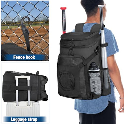 Smasrob Baseball Bag for Adult and Youth, Baseball Backpack Softball Bag with Helmet Holder, Shoe Compartment and Fence Hook - color: Black