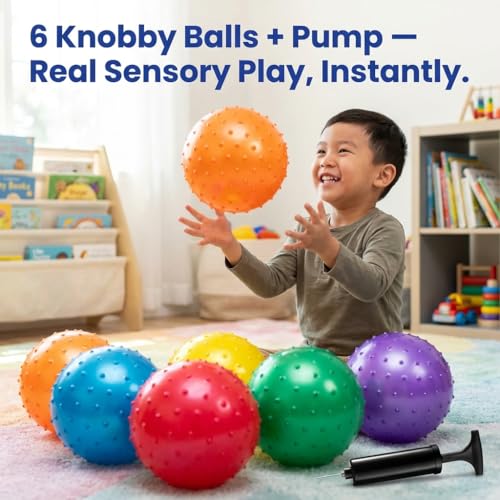 Bedwina Knobby Balls - Bulk 7 Inch Sensory and Spiky Massage Stress Balls for Toddlers, with Pump, Fun & Bouncy for Toddler, Kids Party Favors, Stocking Stuffers - style: 6-Pcs