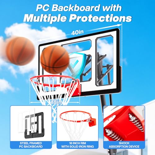 AWII SPORT Basketball Hoop Outdoor 40&44&48 Inch Impact Backboard, 5.3-10FT Height Adjustable Basketball Hoop Goal System with Portable Wheels for Adults