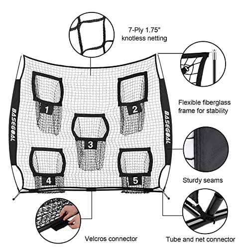 BaseGoal Football Nets for Throwing,Football Target,Quarterback Training Equipment with 5 Target Pockets for Improving Football Accuracy Throwing-8 x 8 ft or 7 x 7 ft Nets - color: 8 x 8 Ft Black + Ball