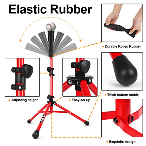 Baseball Tee Batting Tee Softball Tee Portable Travel Hitting Tee,Easy Adjustable Height,Stable Tripod Stand - color: Red