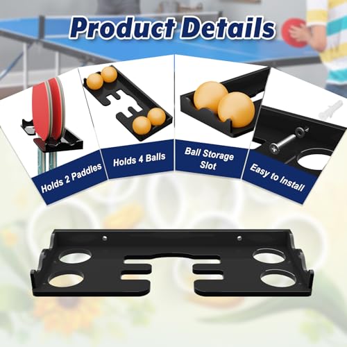 Cosmos Table Tennis Paddle Holder Ping Pong Paddle Wall Mount Shelf Rack Ping Pong Racket Display Stand Holding 2 Pcs Paddles and 4 Balls for Storing in Recreation Room Game Court - color: Solid Black