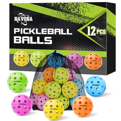 Navona 12 Pack Premium 40-Holes Colorful Outdoor Pickleball Balls, Meet USAPA Official Requirement, Perfectly Balanced, High Bounce True Flight, Durable Outdoor Pickleball Set
