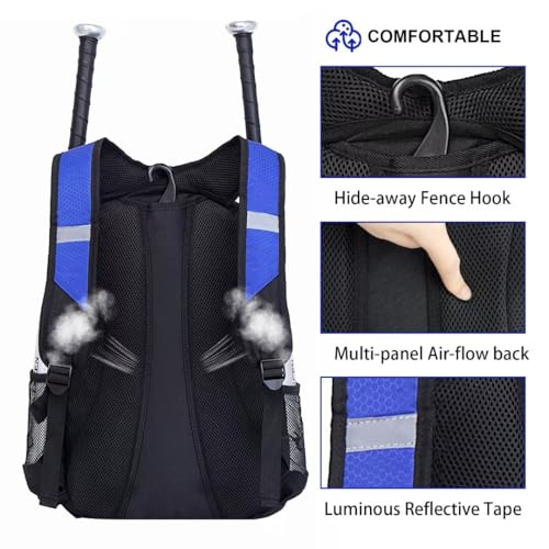 DAFISKY Baseball Bag Softball Backpack - Youth Adult T Ball Bat Equipment Bag with Bat Helmet Holders, Shoe Compartment - color: Blue