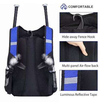 DAFISKY Baseball Bag Softball Backpack - Youth Adult T Ball Bat Equipment Bag with Bat Helmet Holders, Shoe Compartment - color: Blue