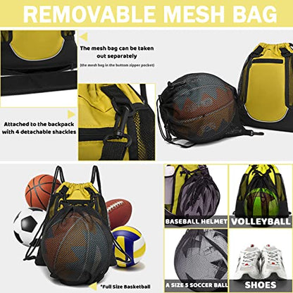 STAY GENT Drawstring Basketball Backpack for Boys, Foldable Soccer Backpack Gym Bag Sackpack Sports Sack with Detachable Ball Mesh Bag for Volleyball Baseball Yoga - color: Yellow