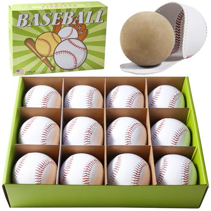 12 Pack Standard Size T-Ball Training Baseballs - Youth/High School Baseball Bulk Practice Balls, Rubber Filling - 100% Faux Leather Soft Baseballs for Kids