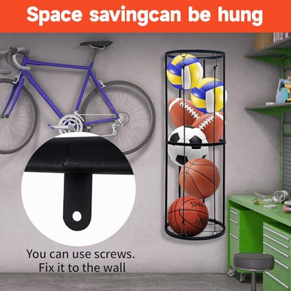 Garage Ball Storage Rack, Wall-Mounted Vertical Ball Holder for Soccer Volleyball Football Basketball, Space-Saving Sports Ball Storage Organizer for Garage, Home