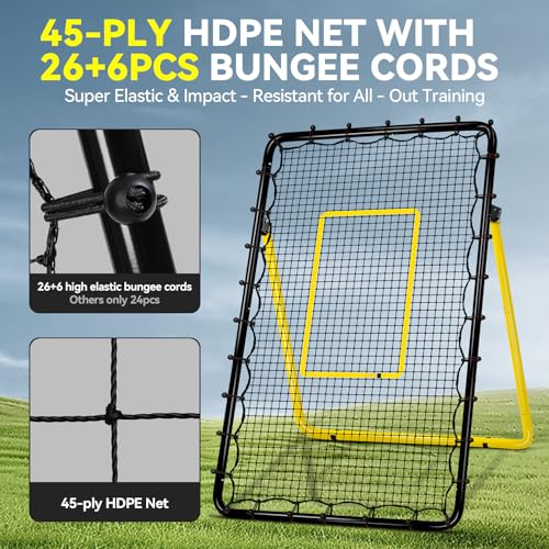 6-Angle Adjustable Volleyball Rebounder Net 7x4 ft with PU Volleyball and Stakes - Bounce Back Training Equipment for Practicing Volleying, Bumping, Spiking, Easy Set Up & Steady for Multi Sports - color: Black and Yellow