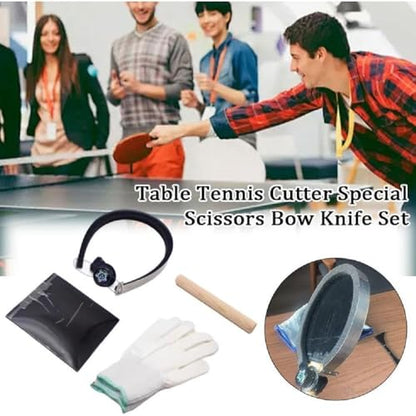 Professional Table Tennis Rubber Cutter Set with Adjustable Bow Knife, Precision Blade, Roller and Safety Gloves, Complete Ping Pong Racket Maintenance Kit
