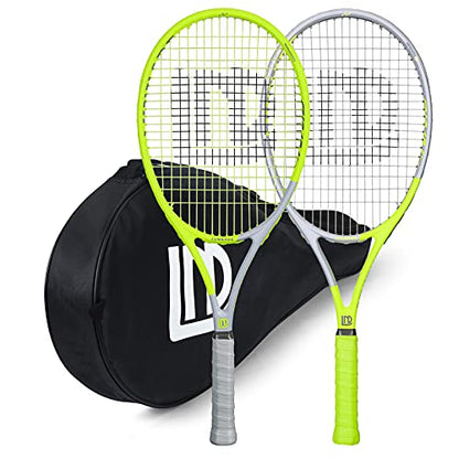 Adults Tennis Racket 2 Pack, Durable 27 Inch Coupled Tennis Racquet Light-Weight, Pre-Strung and Regrip, Suitable for Beginners to Intermediate Players - color: Yellow+Gray