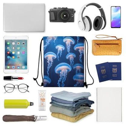 Lightweight Drawstring Sackpack Sports Backpack Waterproof for Gym Travel Hiking Men Women Durable Polyester, Under Sea Ocean Jellyfish Blue Bags - color: Picture (1020)