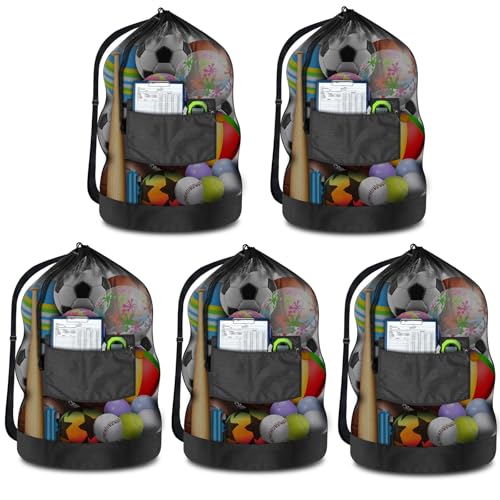 BROTOU Heavy Duty Soccer Ball Net Bag(100L Extra Large Capacity 10-12Balls), Drawstring Mesh Ball Bag with Zipper Pocket, Sports Equipment Storage Organizer Hold for Gym, Beach, Cloth, Swimming Gears - color: Black-5pcs-Thickened Upgrade