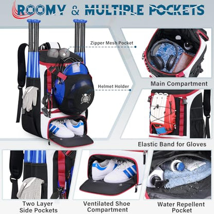 Baseball Bag Lightweight Softball Bags for Adults Youth 40L Large Baseball Backpack with Shoe Compartment, Helmet Holder, Fence Hook Waterproof Softball Bats Bag for T-Ball & Softball Equipment - color: Black & Red
