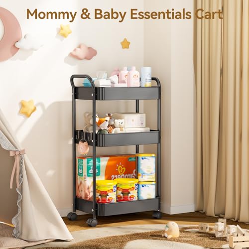 YASONIC 3-Tier Metal Rolling Cart, Sturdy Storage Utility Carts with Wheels, Multifunction Craft Art Organizer for Bedroom, Laundry, Garage, Office, Nursery, Bathroom, Easy Assembly (Black) - color: Black