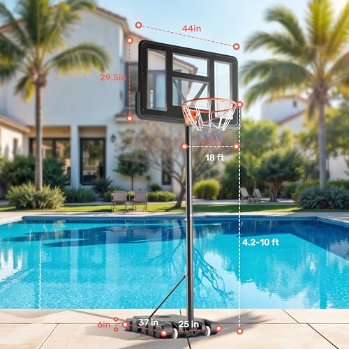 Basketball Hoop Outdoor 4.2-10FT Adjustable Height, 44 Inch Shatterproof PC Backboard Fillable Base with 2 Wheels, Portable Goal Court System Gift for Family, Indoor Pool Driveway Backyard - size: Basketball Hoop