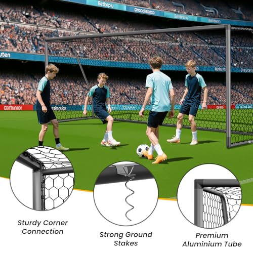NAIZEA Soccer Goals - 24x8/21x7/18x7/12x6/16x7/10x6/8x6/6x4FT Soccer Goals for Backyard Training- Portable Metal Soccer Net for Youth & Adults - Heavy Duty Steel for Indoor Outdoor Games & Practice - size: 18ft x 7ft, style: Pro-Grey/Alu