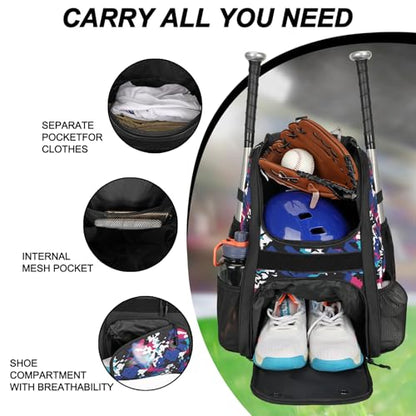 Goloni Youth Baseball Bag,Baseball Backpack with Shoes Compartment,Softball Bag with Fence Hook for T-Ball Bat & Equipment - color: Camouflage Blue