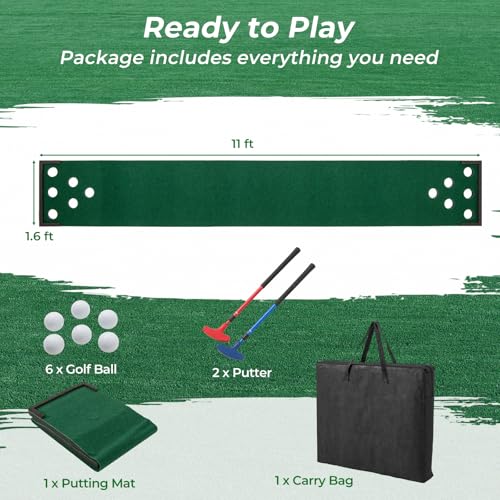Tangkula 11 FT Golf Putting Game Set, Indoor Outdoor Putting Green Mat with 2 Adjustable Putters, 6 Balls & 12 Holes for Party, Backyard, Home & Office, Golf Practice Training Mat