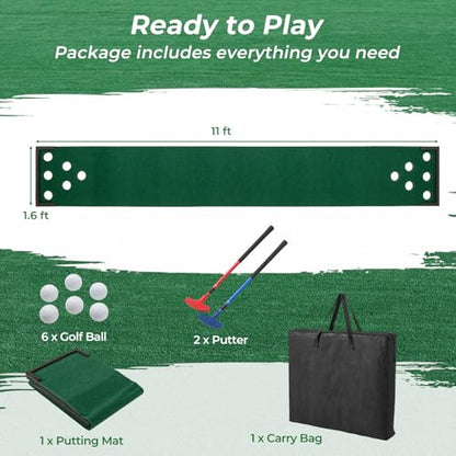 Tangkula 11 FT Golf Putting Game Set, Indoor Outdoor Putting Green Mat with 2 Adjustable Putters, 6 Balls & 12 Holes for Party, Backyard, Home & Office, Golf Practice Training Mat